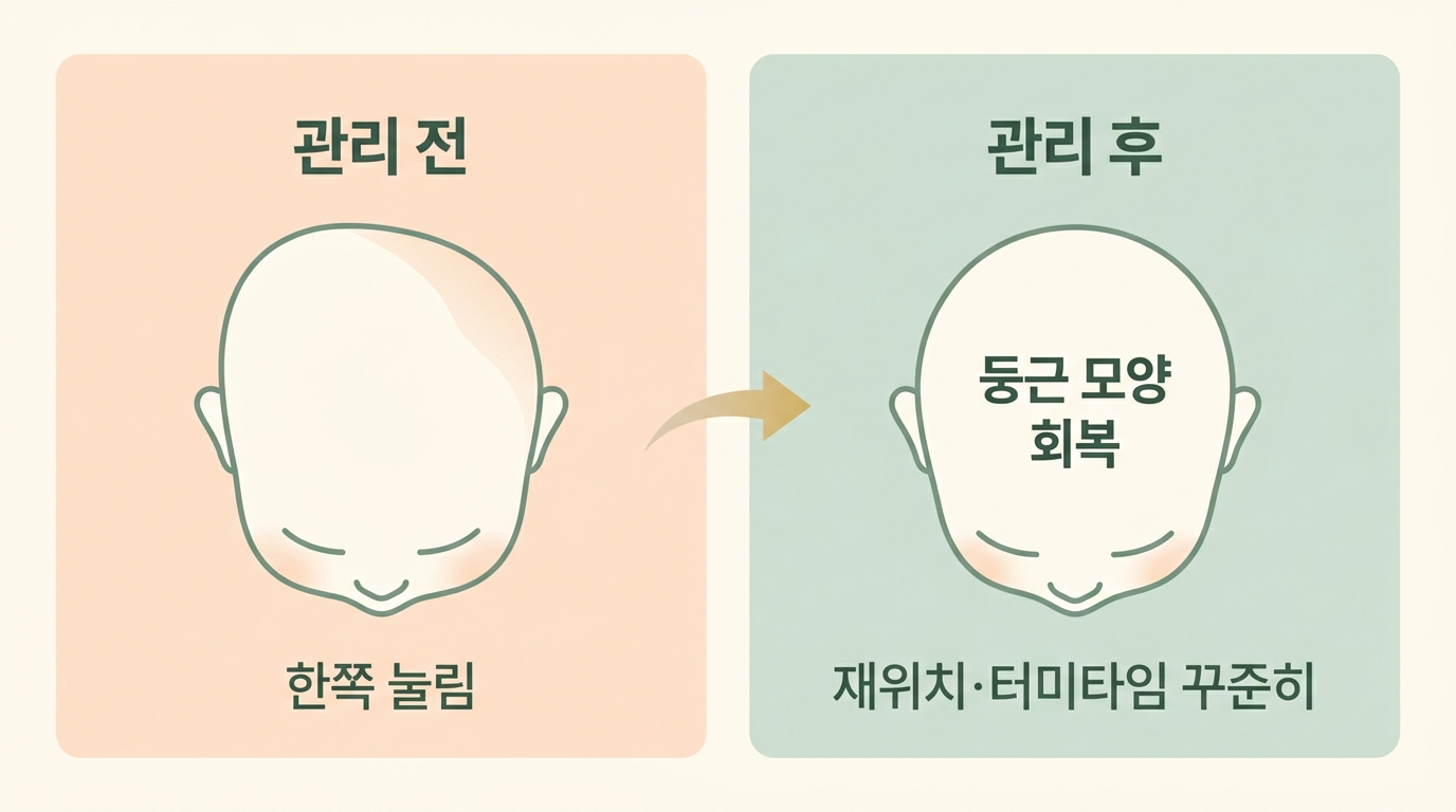 재위치와 터미타임을 꾸준히 한 뒤 한쪽 눌림이 둥근 모양으로 회복된 관리 전후를 좌우로 비교한 사례 인포그래픽