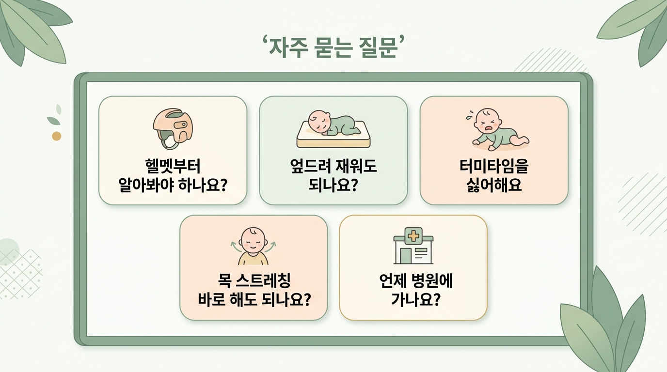 헬멧과 엎드려 재우기와 터미타임과 목 스트레칭과 병원 방문 시점에 대한 부모의 자주 묻는 질문 다섯 가지를 카드로 정리한 인포그래픽