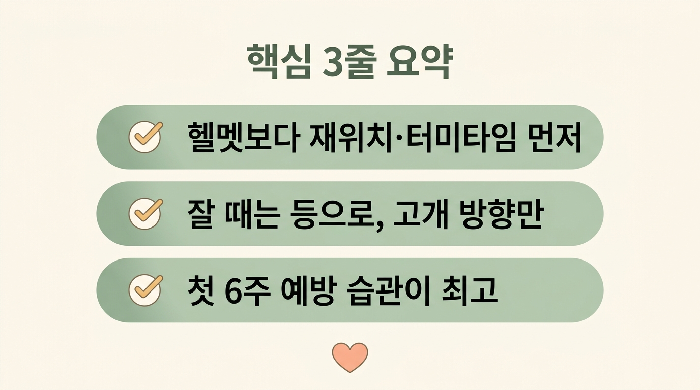사두증 집 관리의 핵심 세 가지를 요약하고 응원의 메시지를 담은 마무리 인포그래픽