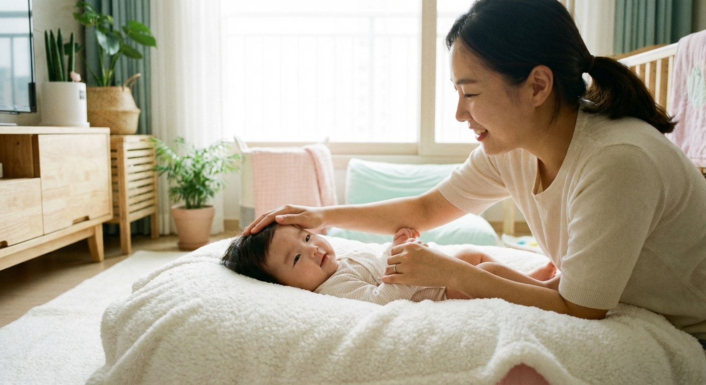 아기 머리를 살펴보는 엄마