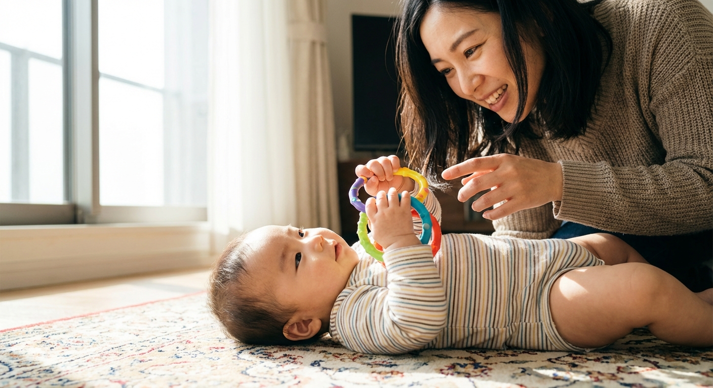 양손으로 장난감을 잡는 아기