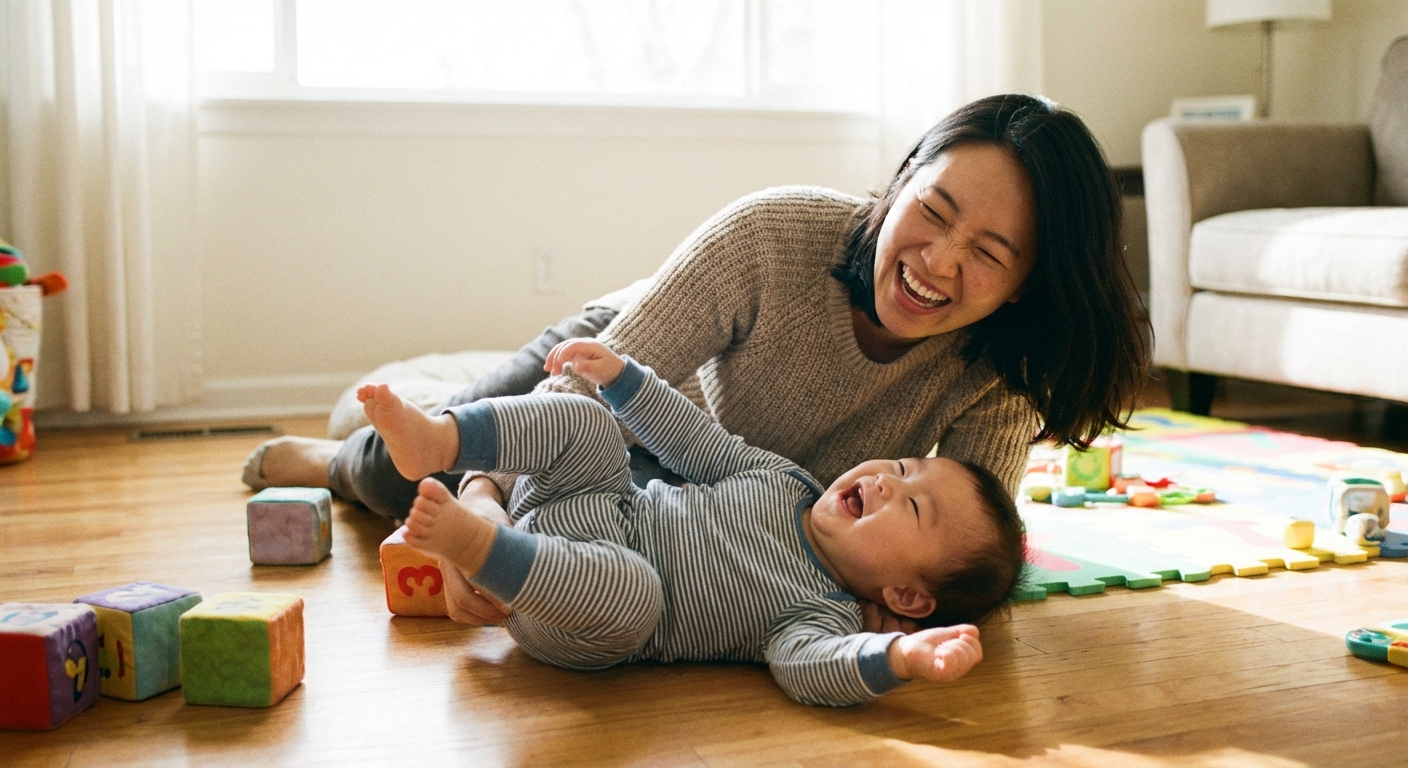 엄마와 웃으며 노는 아기