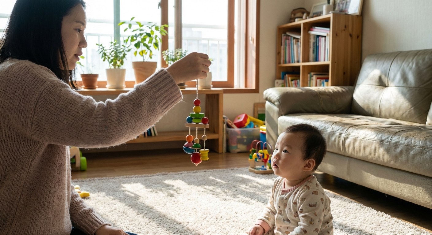 장난감을 따라보는 아기