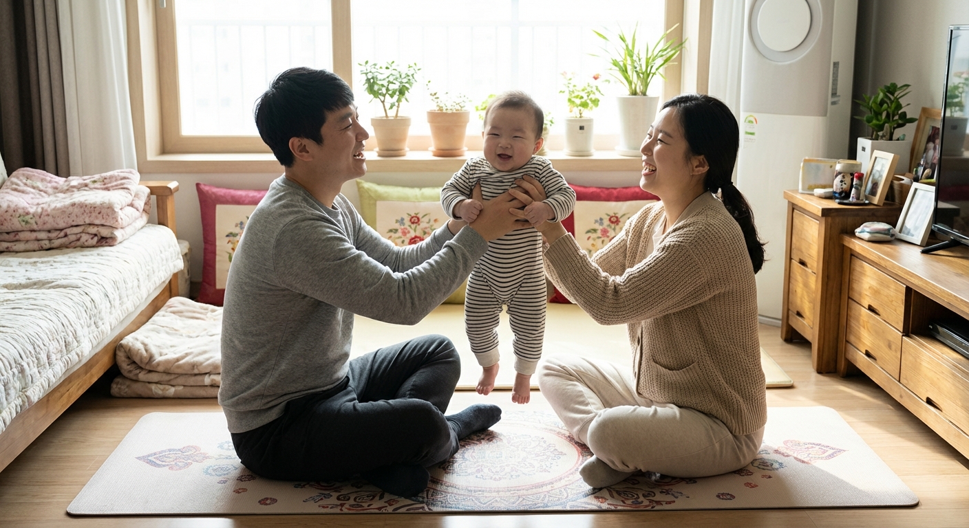 아기와 함께 노는 아빠와 엄마