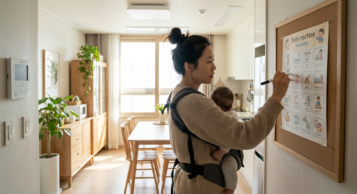 하루 루틴을 확인하는 엄마