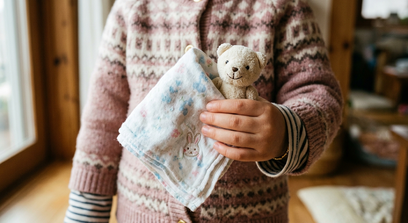 익숙한 향이 묻은 손수건과 작은 인형을 든 한국인 아이의 손