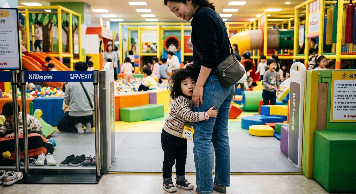 새로운 실내 놀이터 입구에서 부모 옆에 붙어 있는 한국인 아이