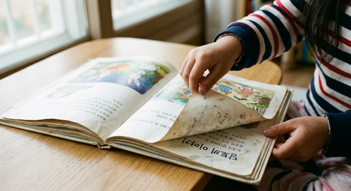 같은 그림책 페이지를 또 펼쳐 보는 한국인 아이의 손