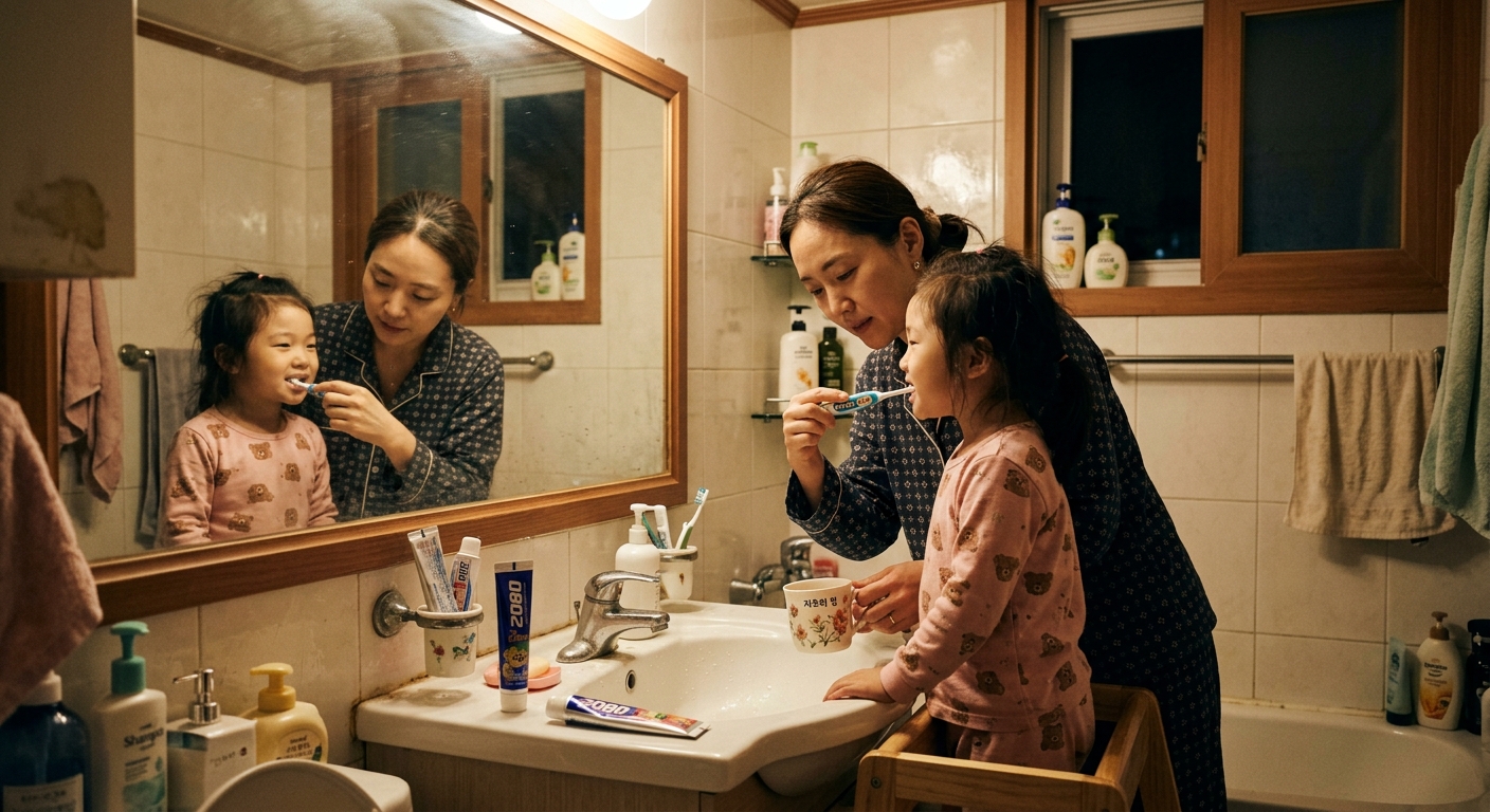 매일 같은 자리에서 양치하는 한국인 가족의 저녁 루틴