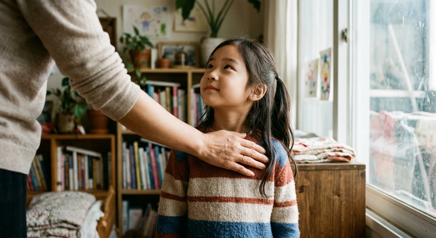 부모를 신뢰하는 표정으로 올려다보는 한국인 아이