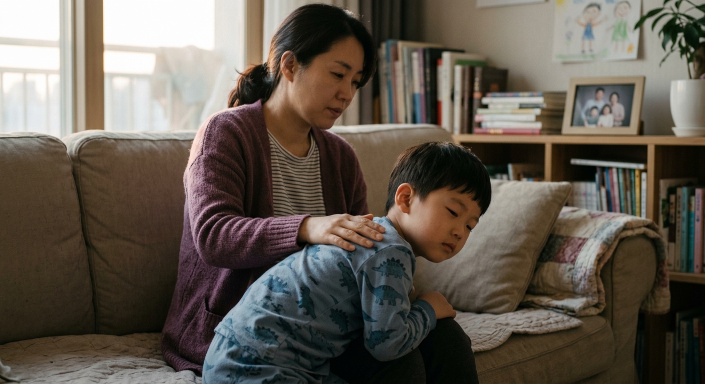 아이의 등을 부드럽게 짚어주는 한국인 엄마