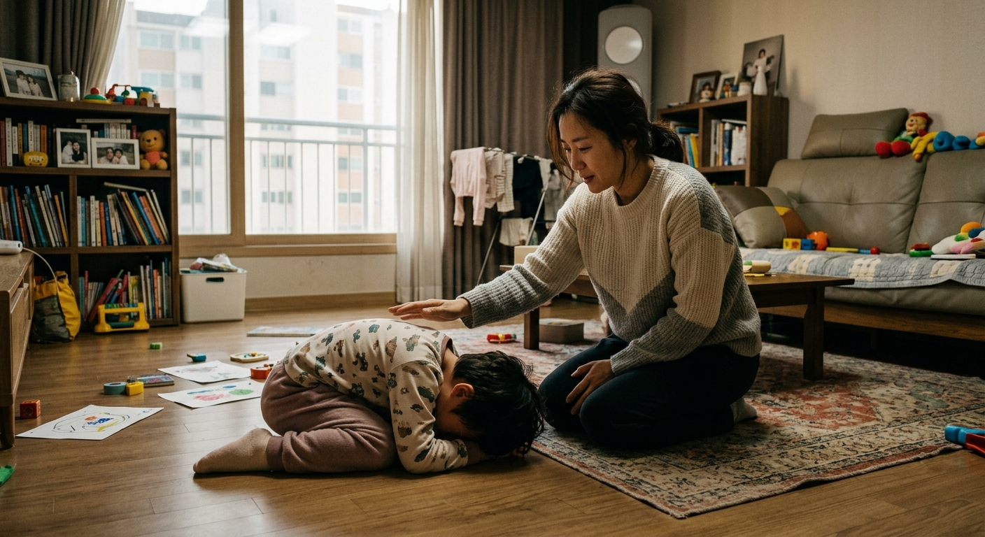 멜트다운 중인 아이를 차분히 지켜보는 한국인 엄마