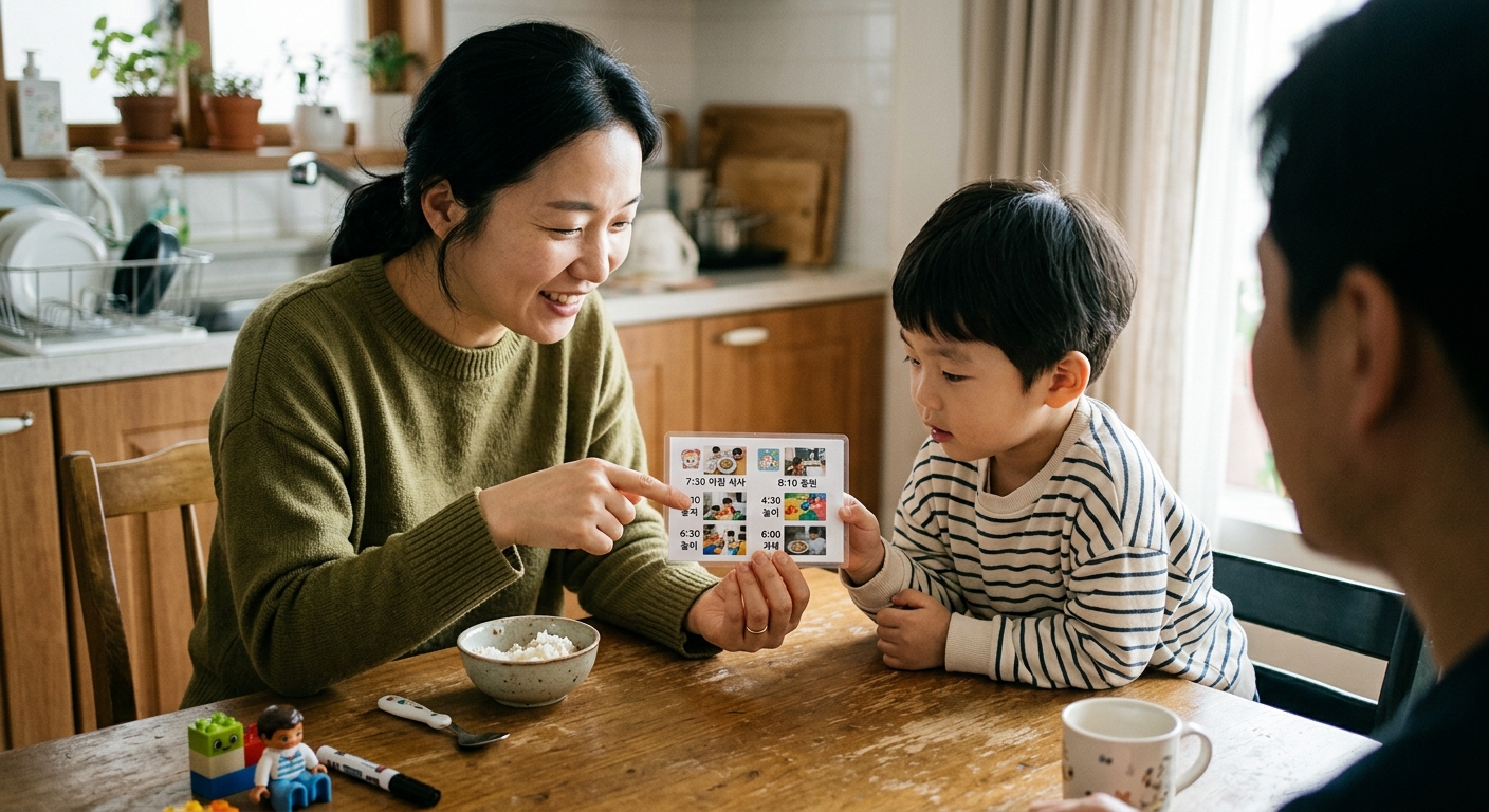 하루 일과 사진을 아이에게 보여주는 한국인 엄마