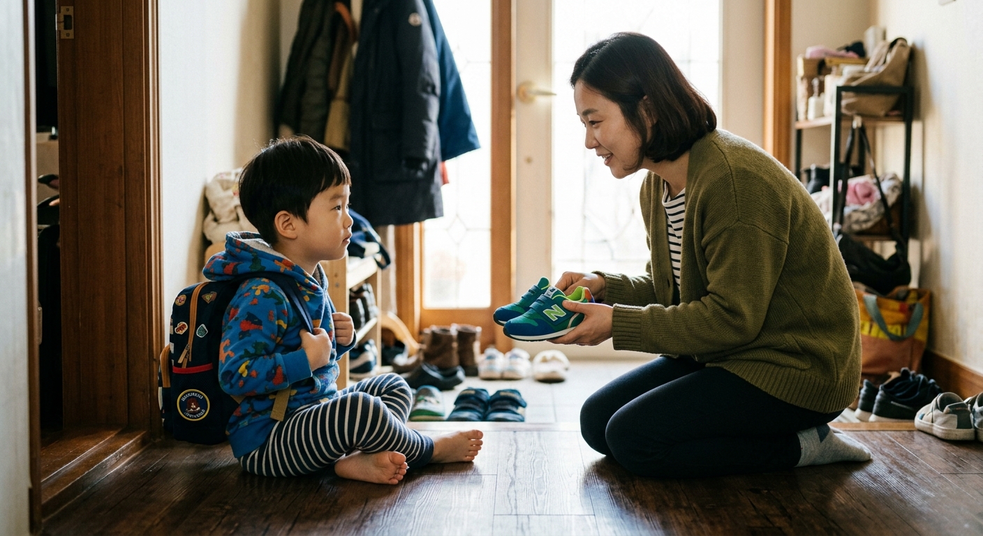 신발 신기를 거부하며 앉아 있는 한국인 아이