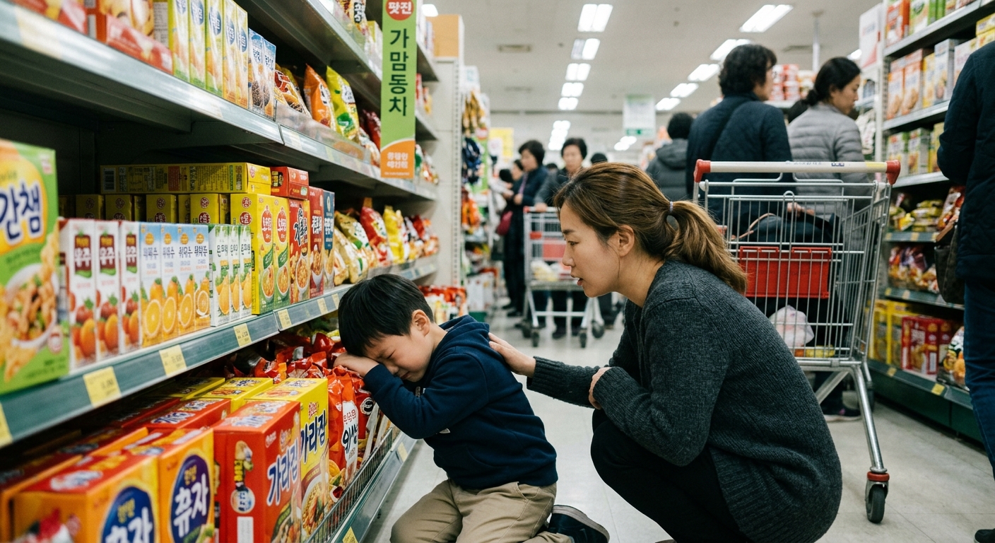 마트 통로에서 무너지는 한국인 아이와 달래는 엄마