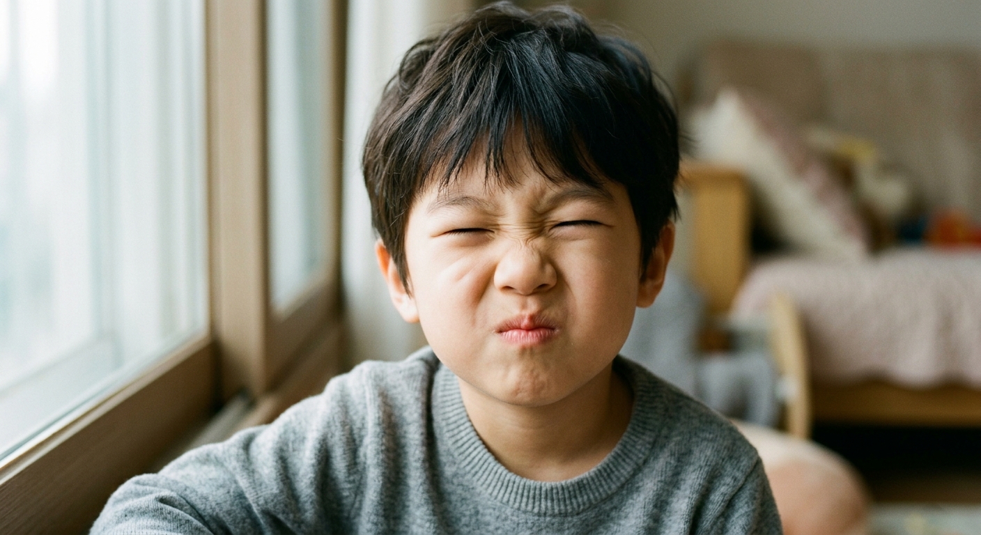 눈을 깜빡이는 틱을 보이는 한국인 아이의 클로즈업