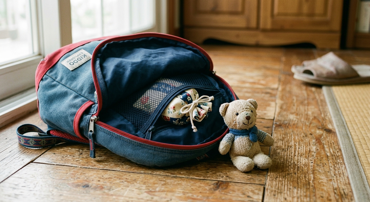 아이 가방 안주머니에 향기 주머니를 넣는 모습