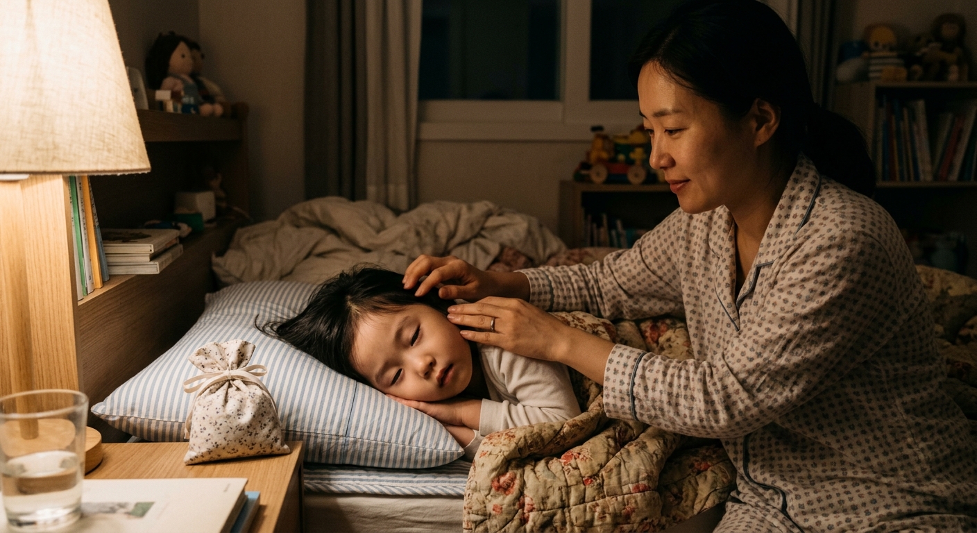 베개 옆 향기 주머니와 잠드는 한국인 아이