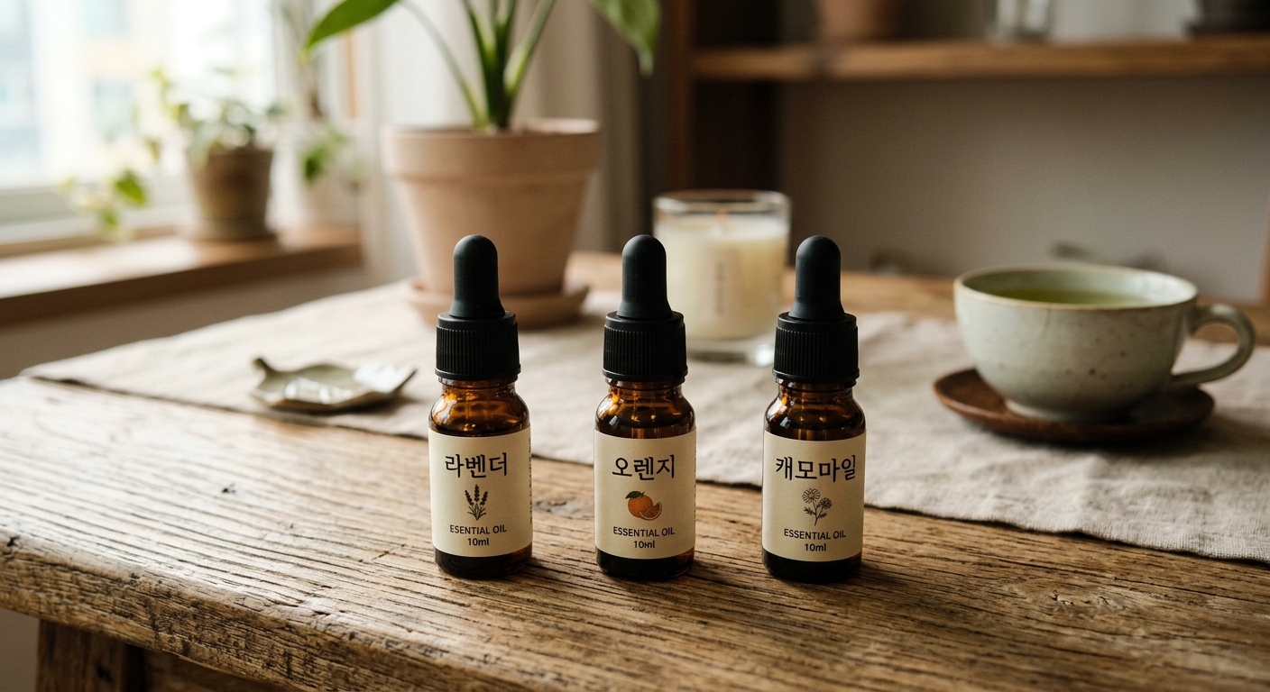 라벤더 오렌지 캐모마일 에센셜 오일 병 클로즈업