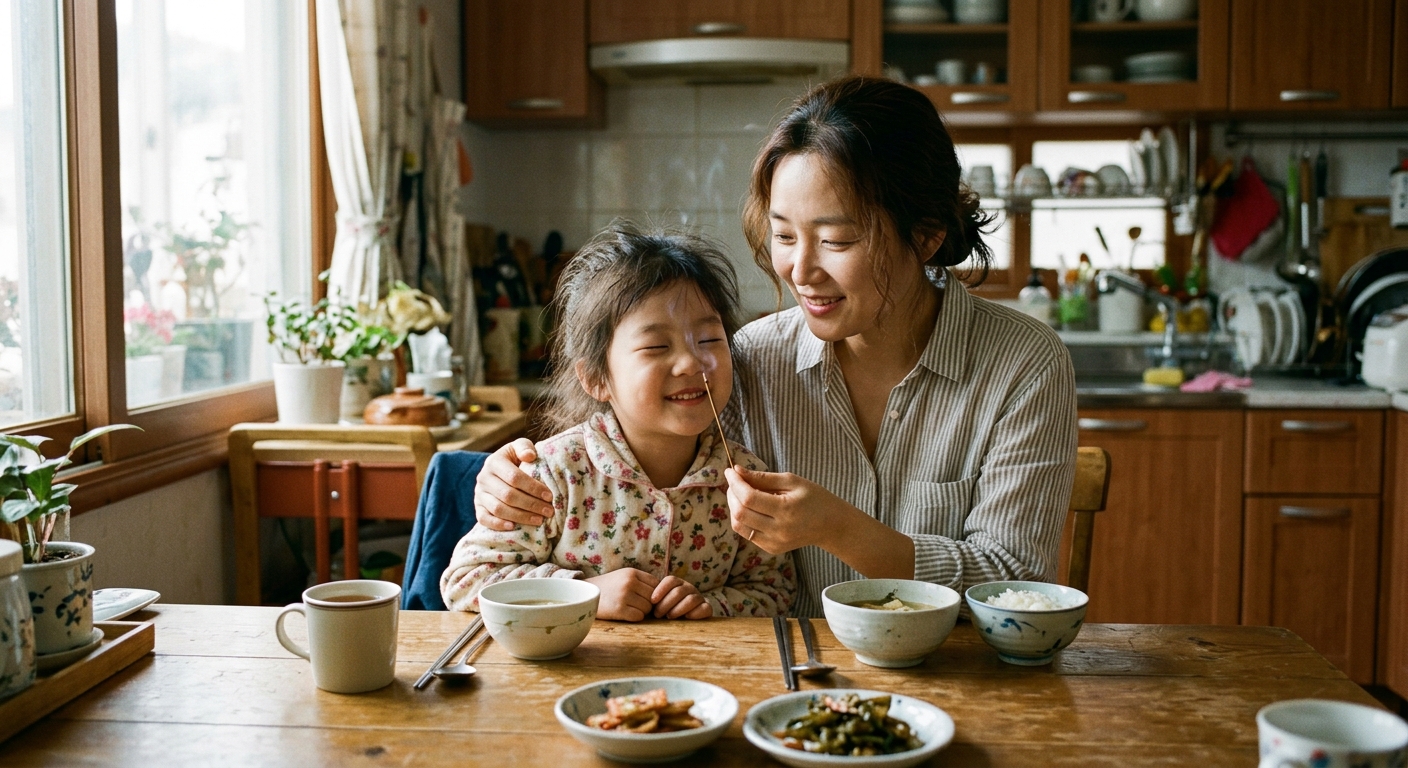 아침 식사 자리에서 아이와 향기 막대를 함께 맡는 한국인 엄마