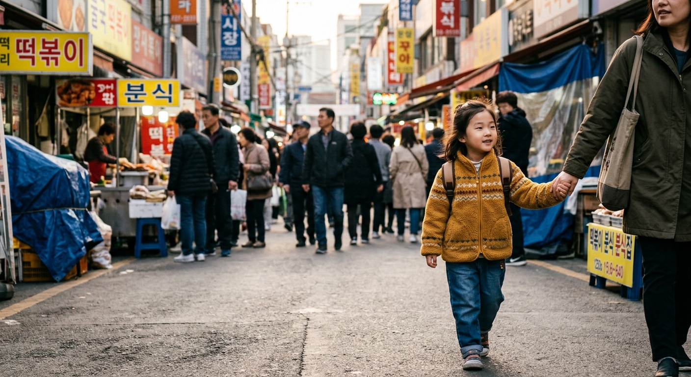 외출 중에도 차분한 표정의 한국인 아이