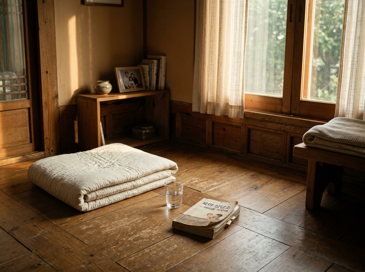 오후 햇살이 들어오는 거실의 빈 매트와 펼쳐진 부모 책