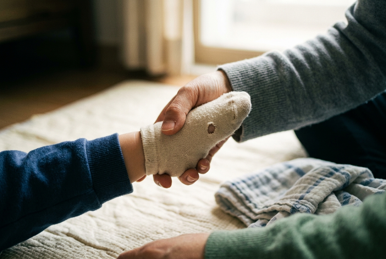 아이 발을 부드럽게 잡고 통합 운동을 안내하는 엄마의 손 클로즈업