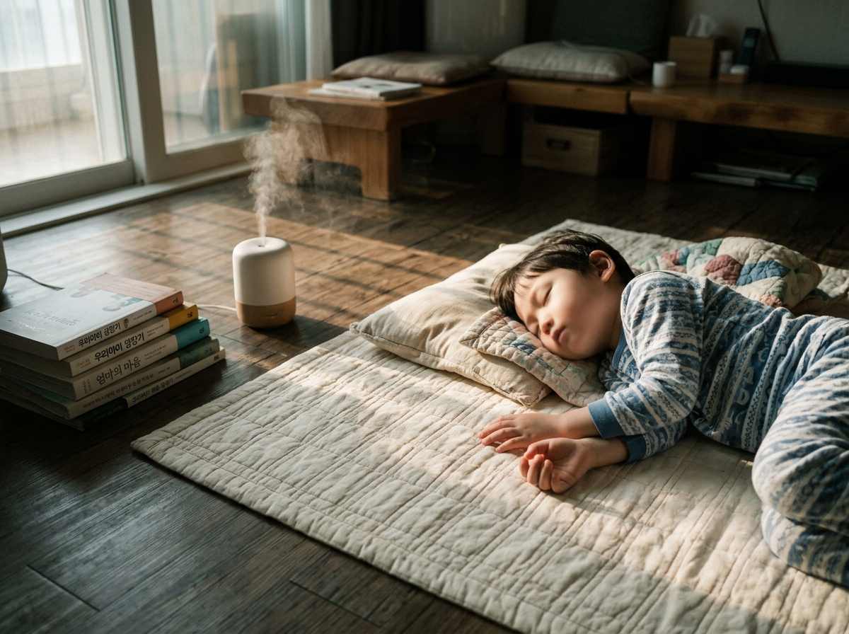 거실 매트에 누워 잠든 한국인 아이의 평온한 모습