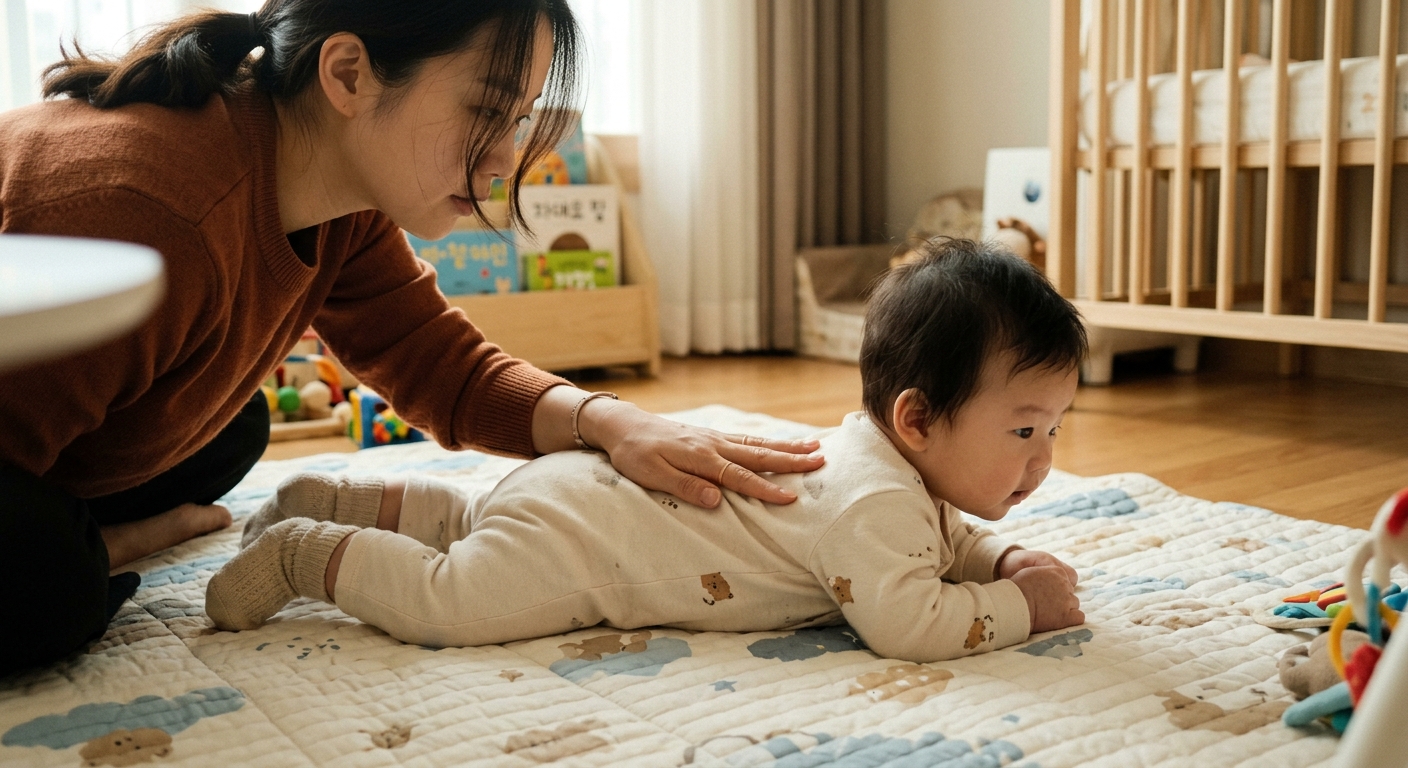 아기의 등에 손을 올려 호흡을 확인하는 엄마