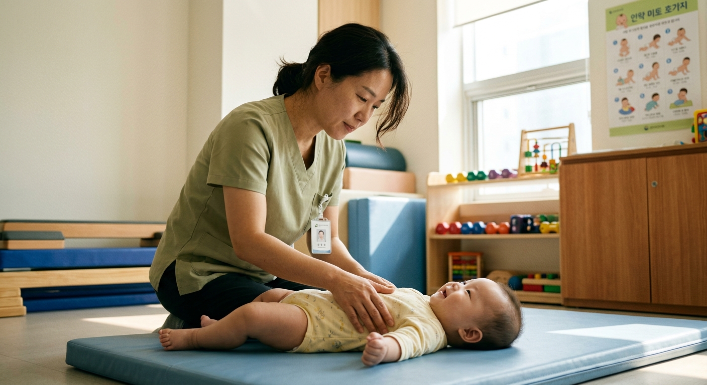 아기의 가슴을 부드럽게 자극하는 엄마