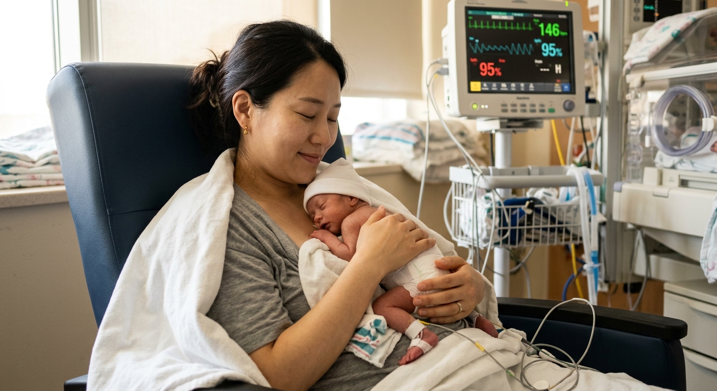 NICU에서 캥거루 케어를 하는 엄마