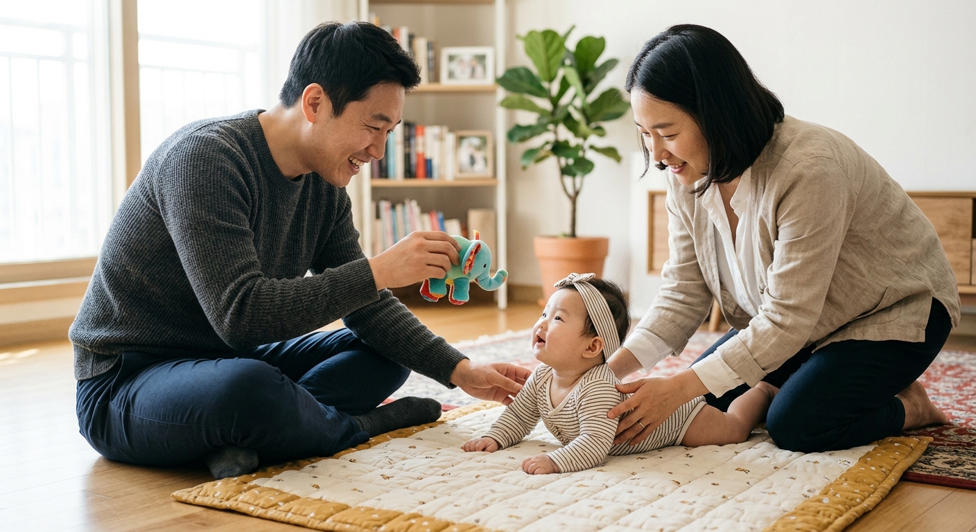 함께 아기를 돌보는 한국인 부부