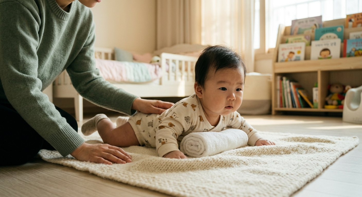 부드러운 담요 위에서 터미타임을 하는 이른둥이