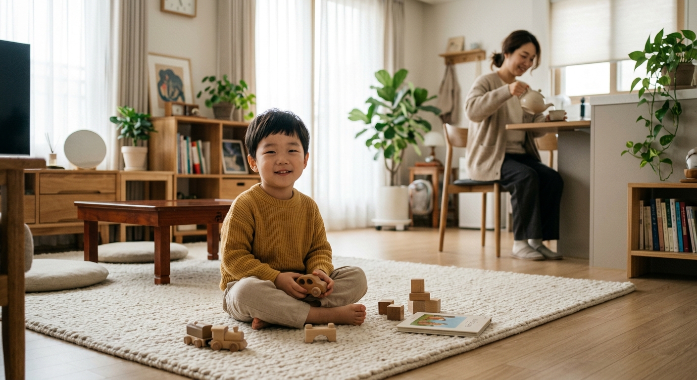 편안하게 거실에서 쉬는 한국인 아이