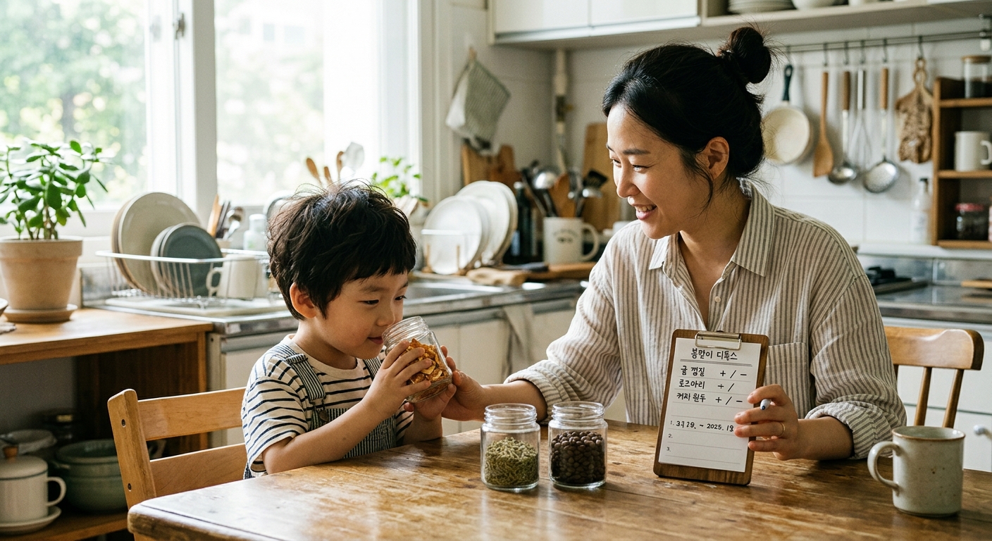 집에서 후각 체크리스트를 하는 한국인 모자