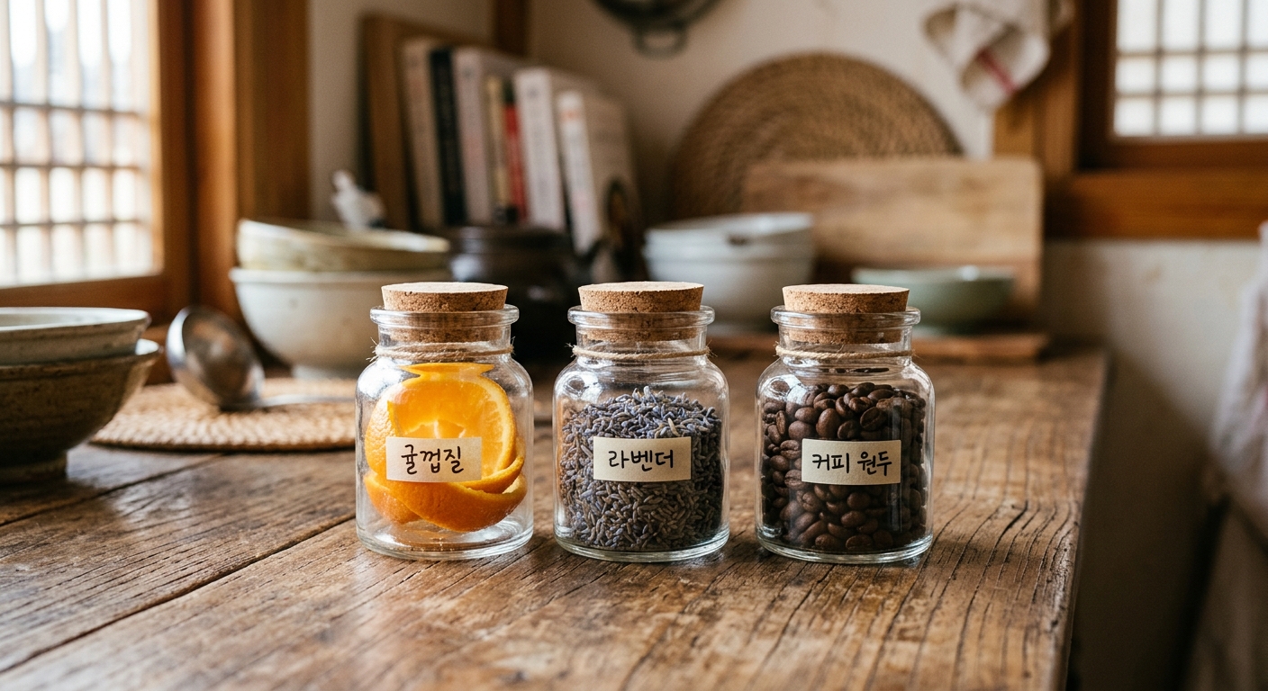 레몬껍질 라벤더 커피콩이 담긴 후각 체크 병들