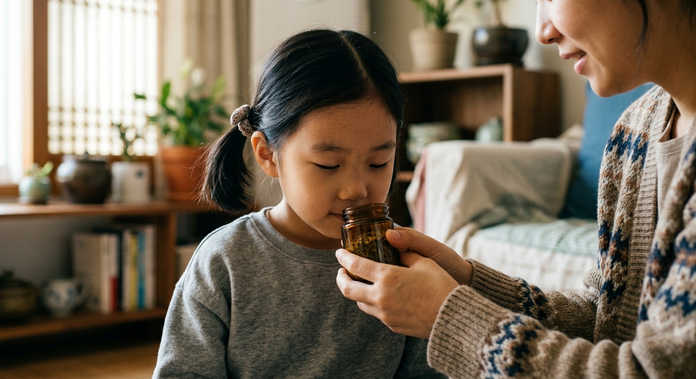 향을 맡으며 집중하는 한국인 아이