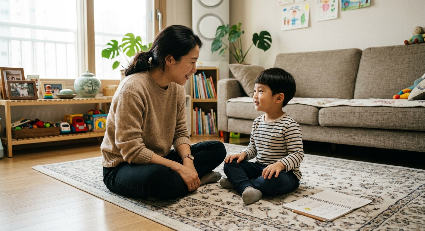 아이와 대화하는 한국인 엄마