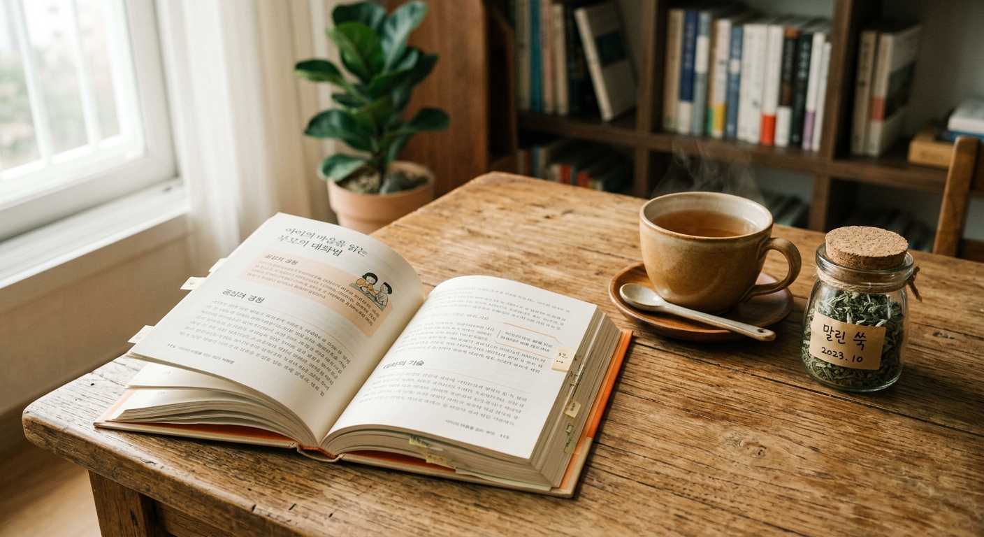 육아 책과 향기 재료가 놓인 차분한 책상