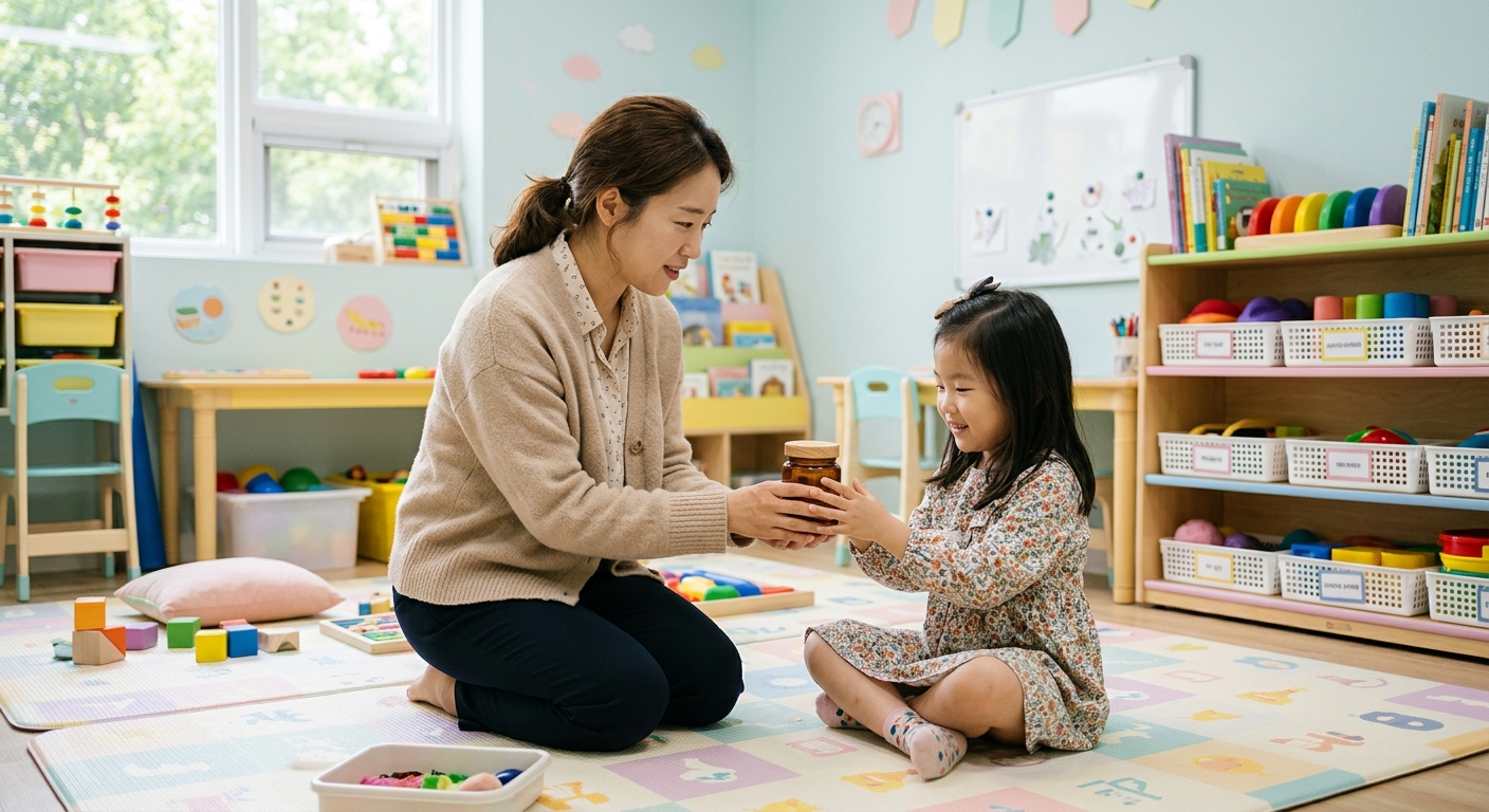 작업치료사와 후각 활동을 하는 한국인 아이
