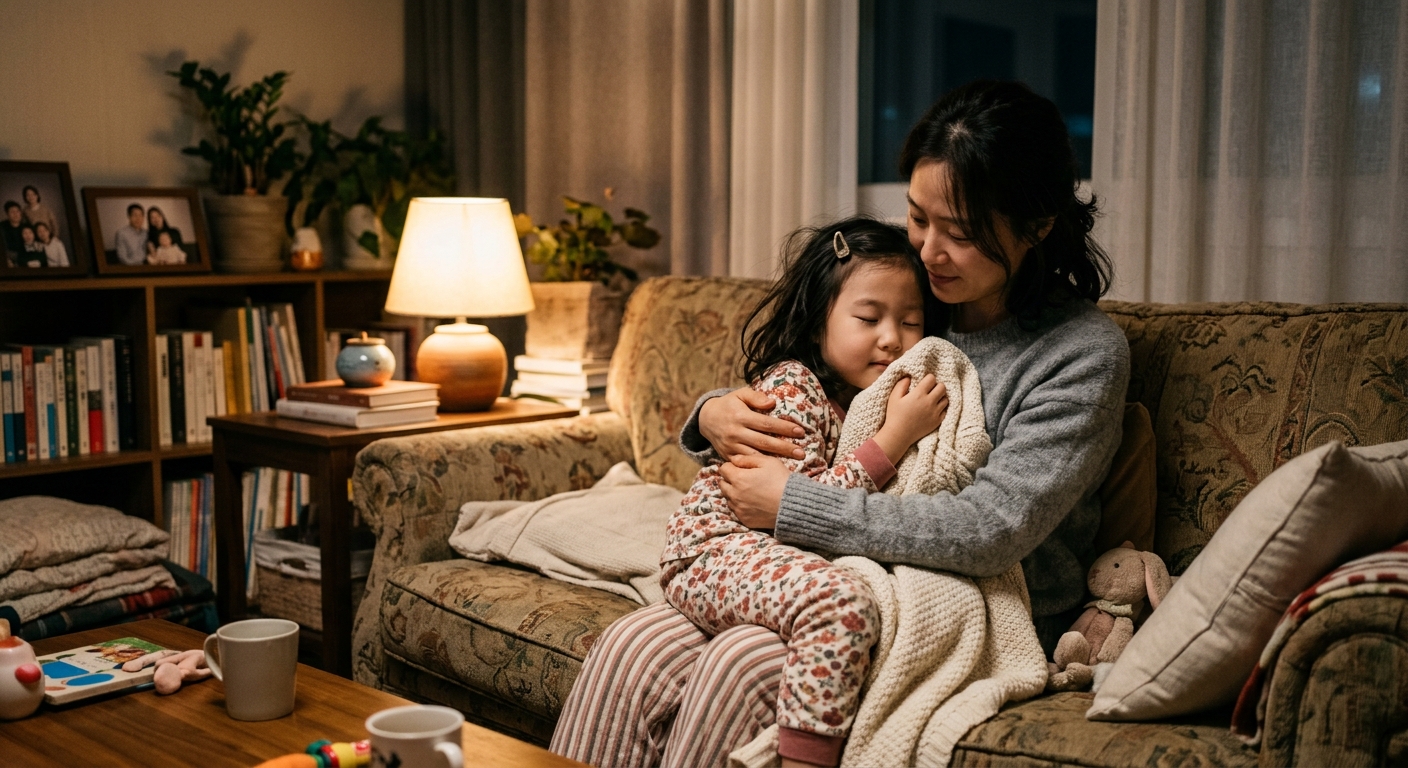 엄마 품에서 안정을 찾는 한국인 아이