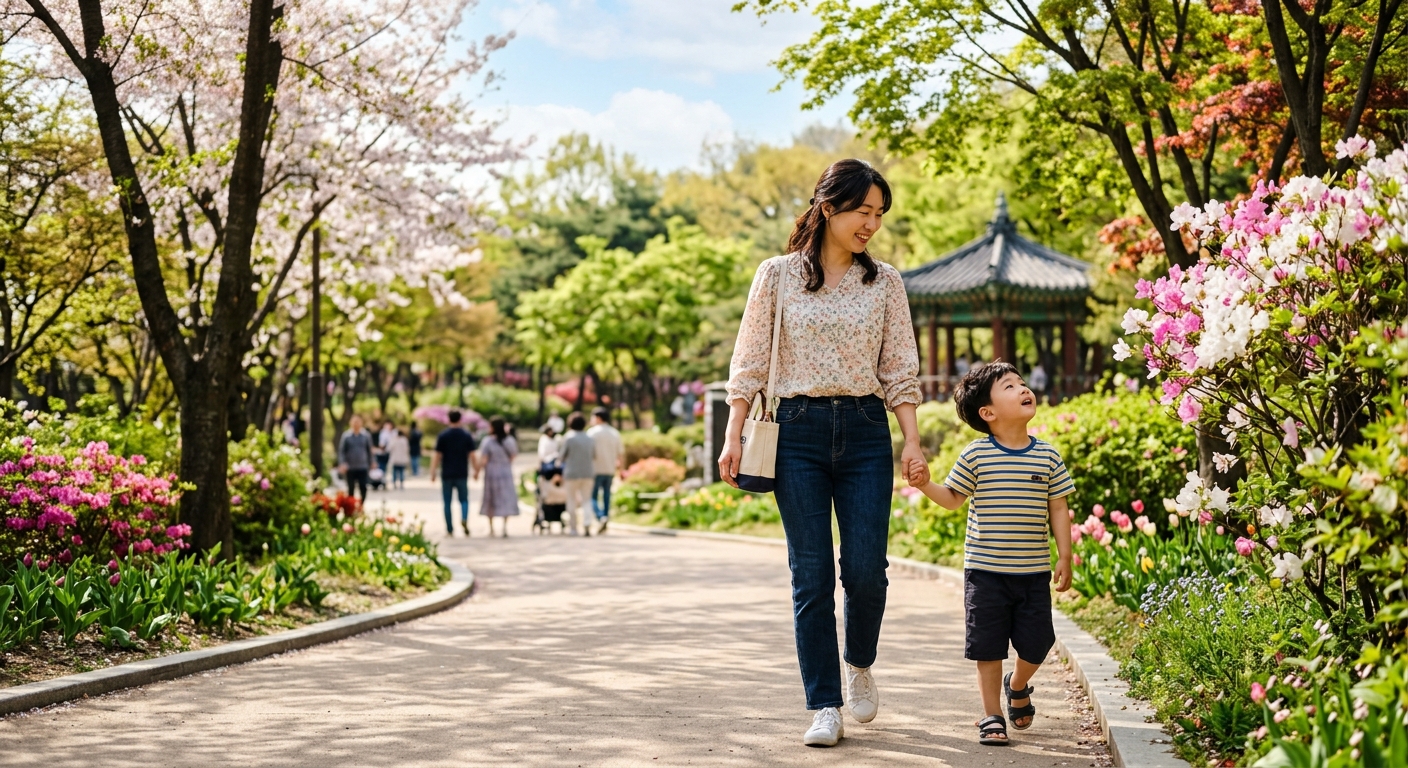 공원에서 행복하게 산책하는 한국인 모녀