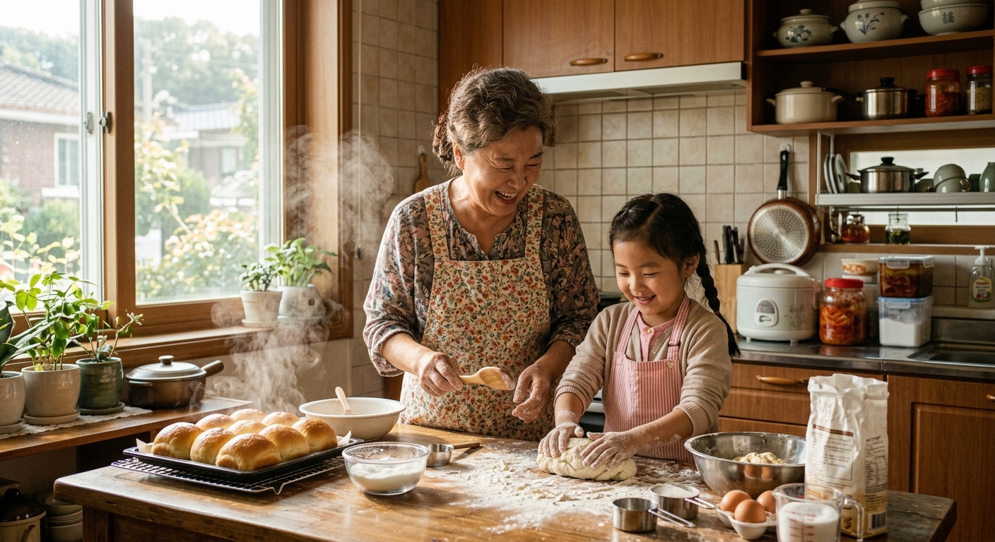 할머니와 빵을 굽는 한국인 아이