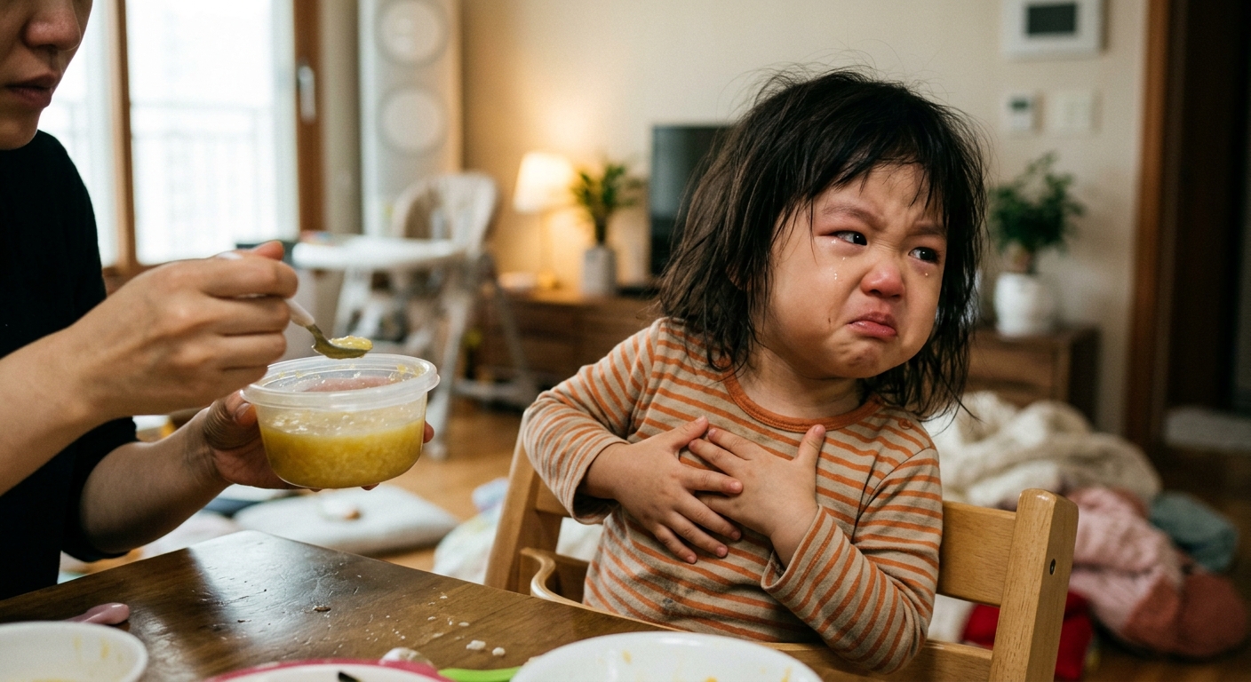 냄새 때문에 얼굴을 찡그리는 한국인 유아