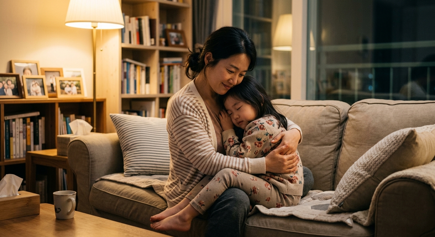 엄마 품에 안겨 안정을 찾는 한국인 아이