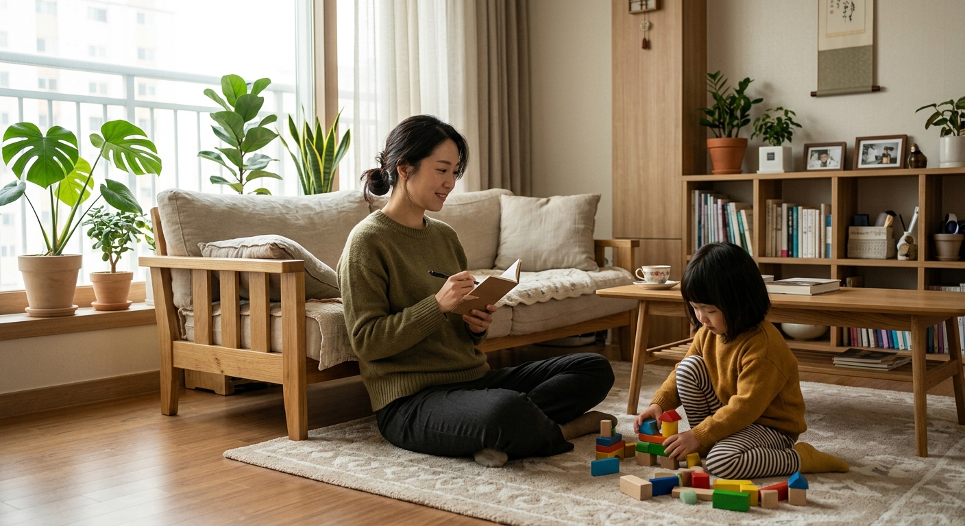 아이를 관찰하며 노트하는 한국인 엄마