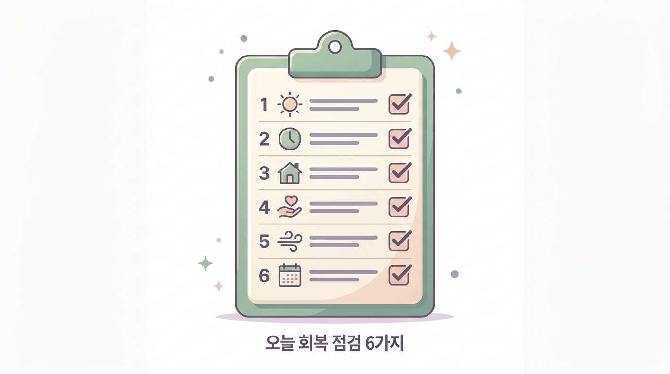 6가지 회복 점검 항목이 그려진 클립보드 일러스트