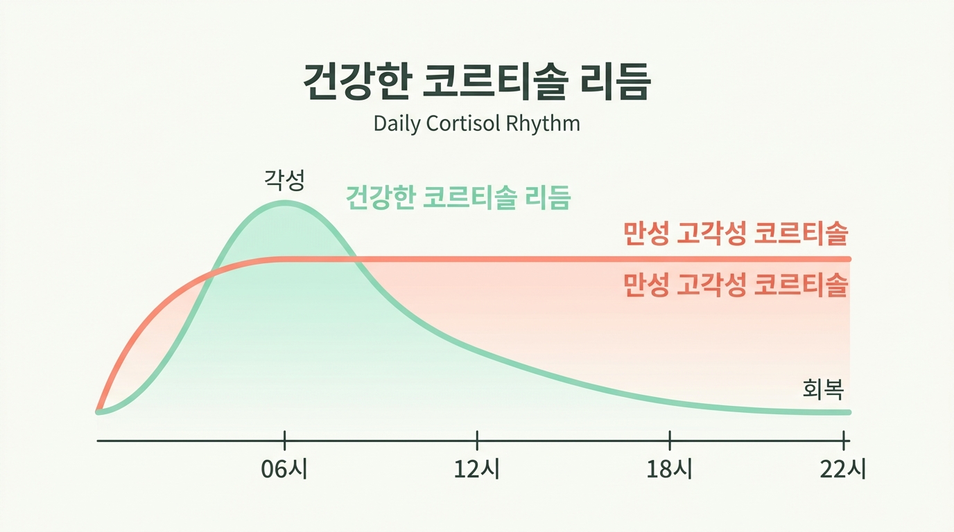 건강한 코르티솔 리듬과 만성 고각성 곡선을 비교한 다이어그램