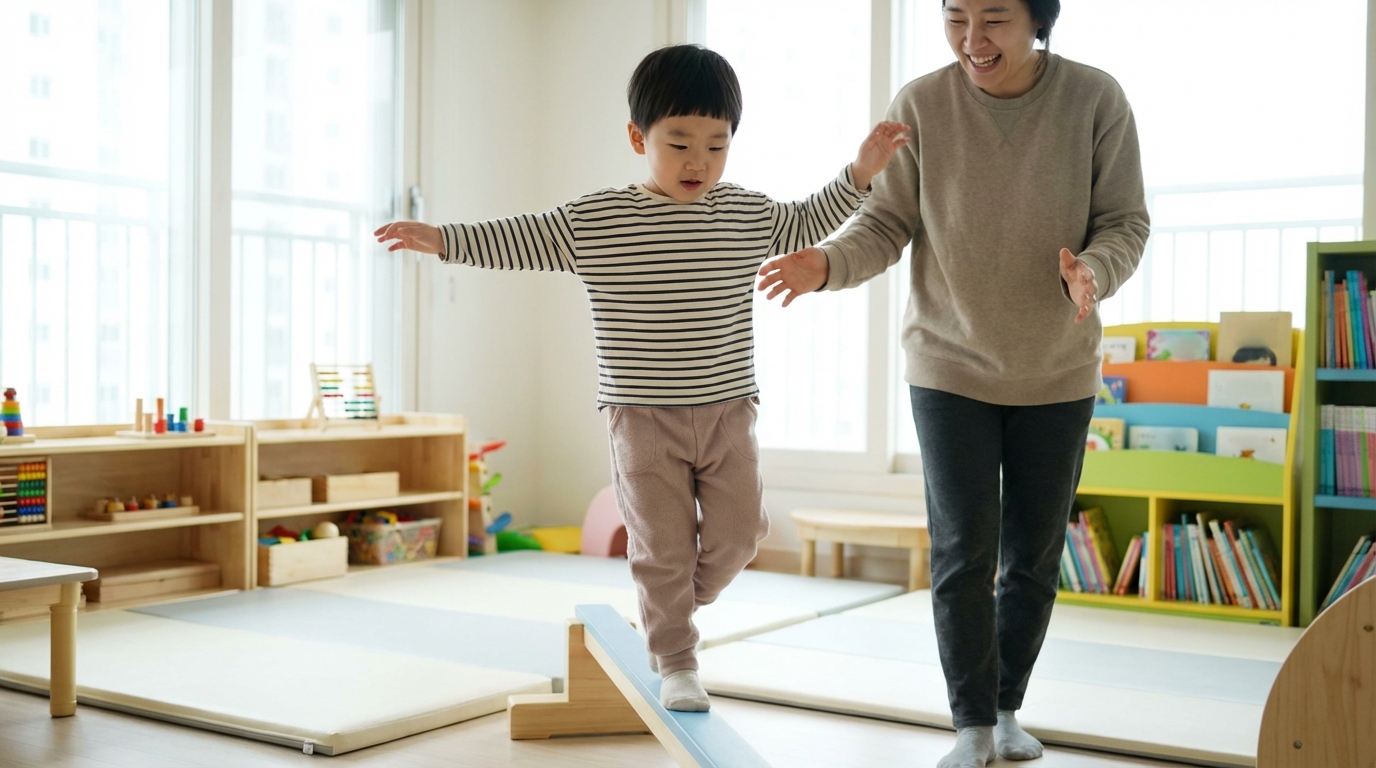한 발로 균형 잡기를 시도하는 아이