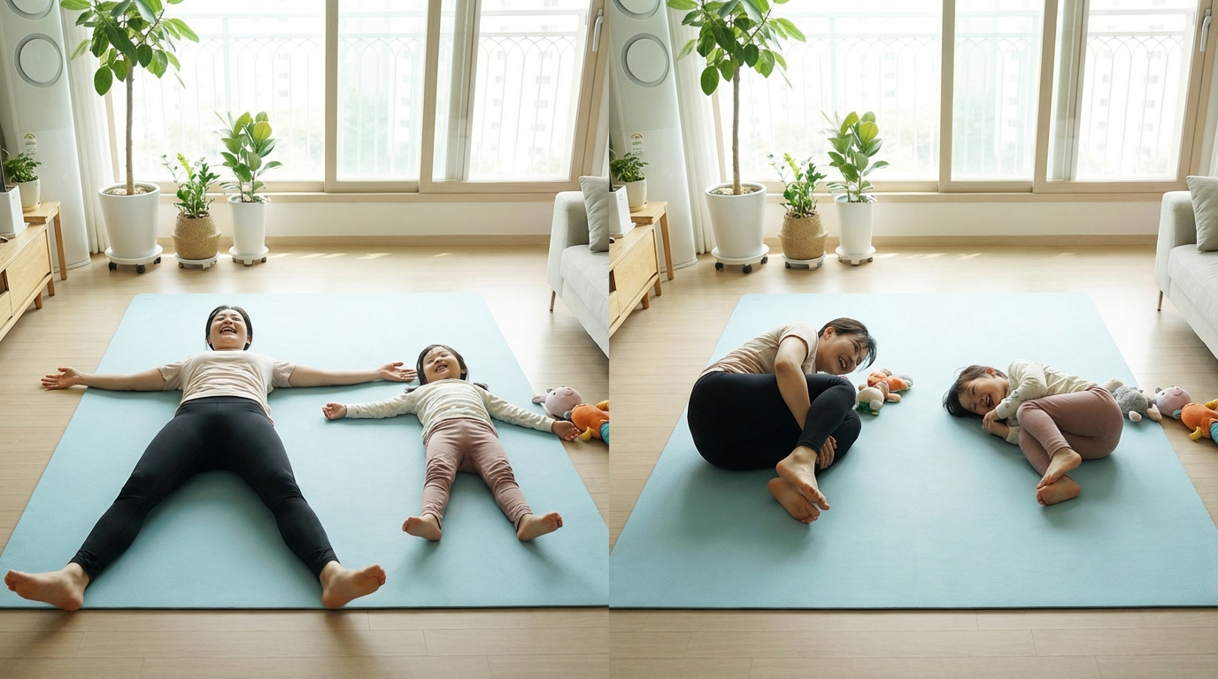 불가사리 운동을 하는 엄마와 아이